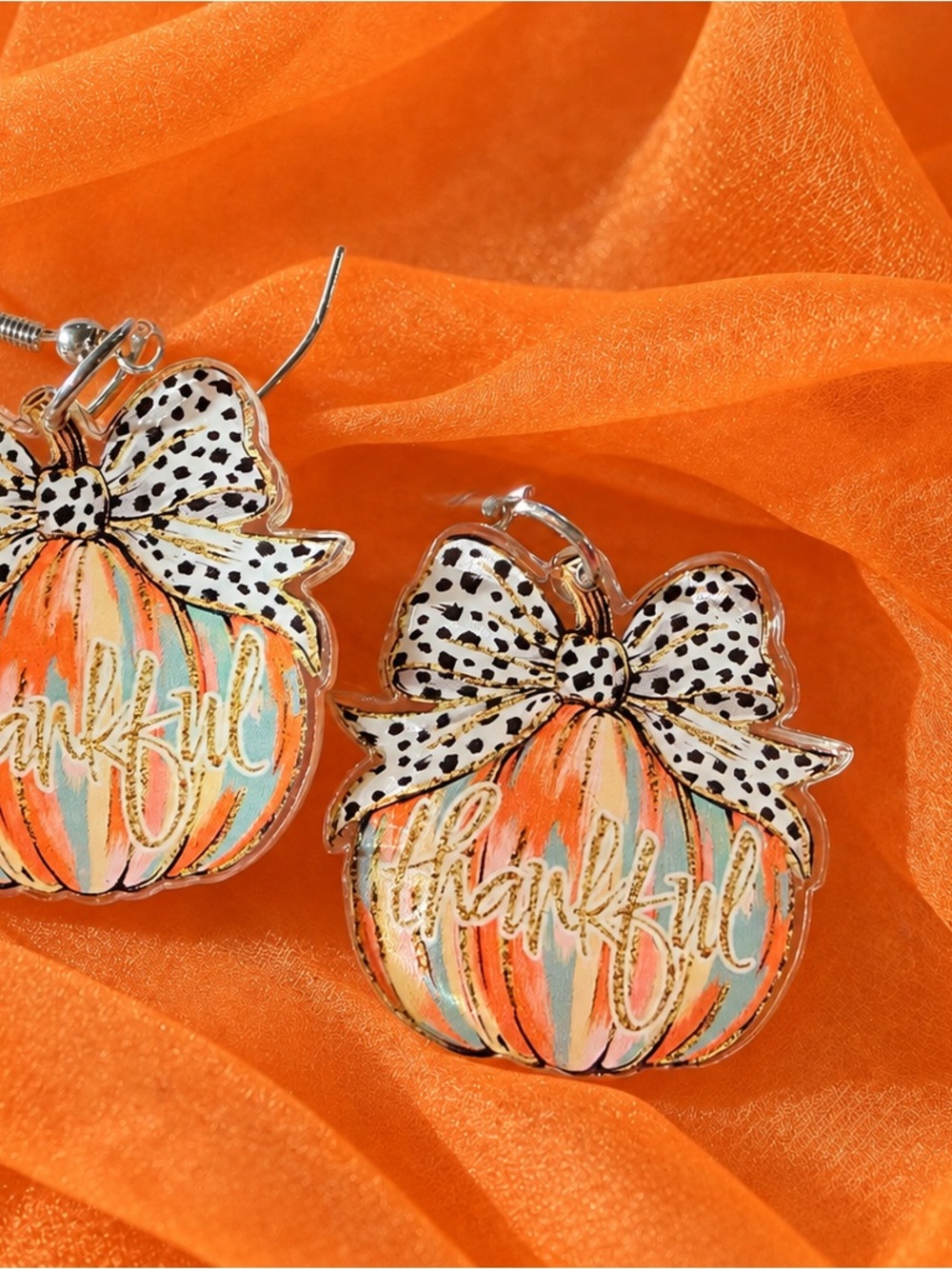 Thankful Pumpkin Earrings - Orange Multicolor Bow Design